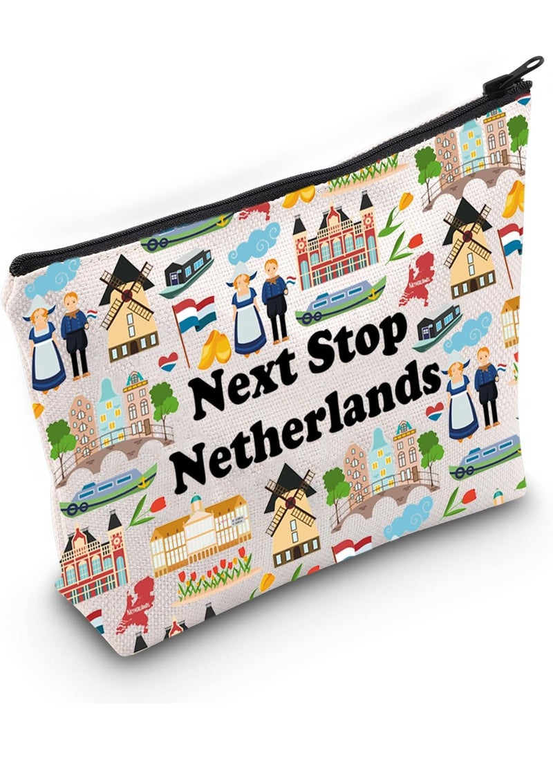 JXGZSO Netherlands Trip Gift Next Stop Netherlands Cosmetic Bag Holland Travel Gift Netherlands Vacation Zipper Makeup Bag