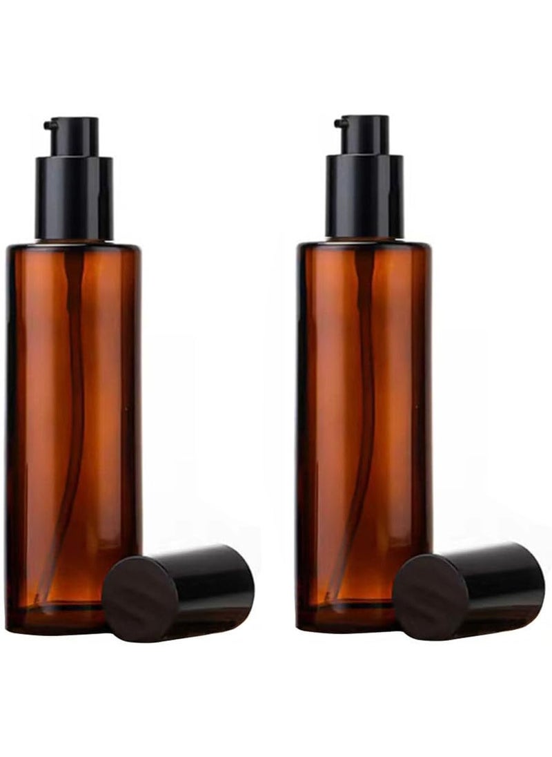 2Pcs 120Ml/4oz Amber Glass Lotion Pump Bottles with Black Cap Empty Upscale Soap Dispenser Jars Refillable Remover Oil Bottles