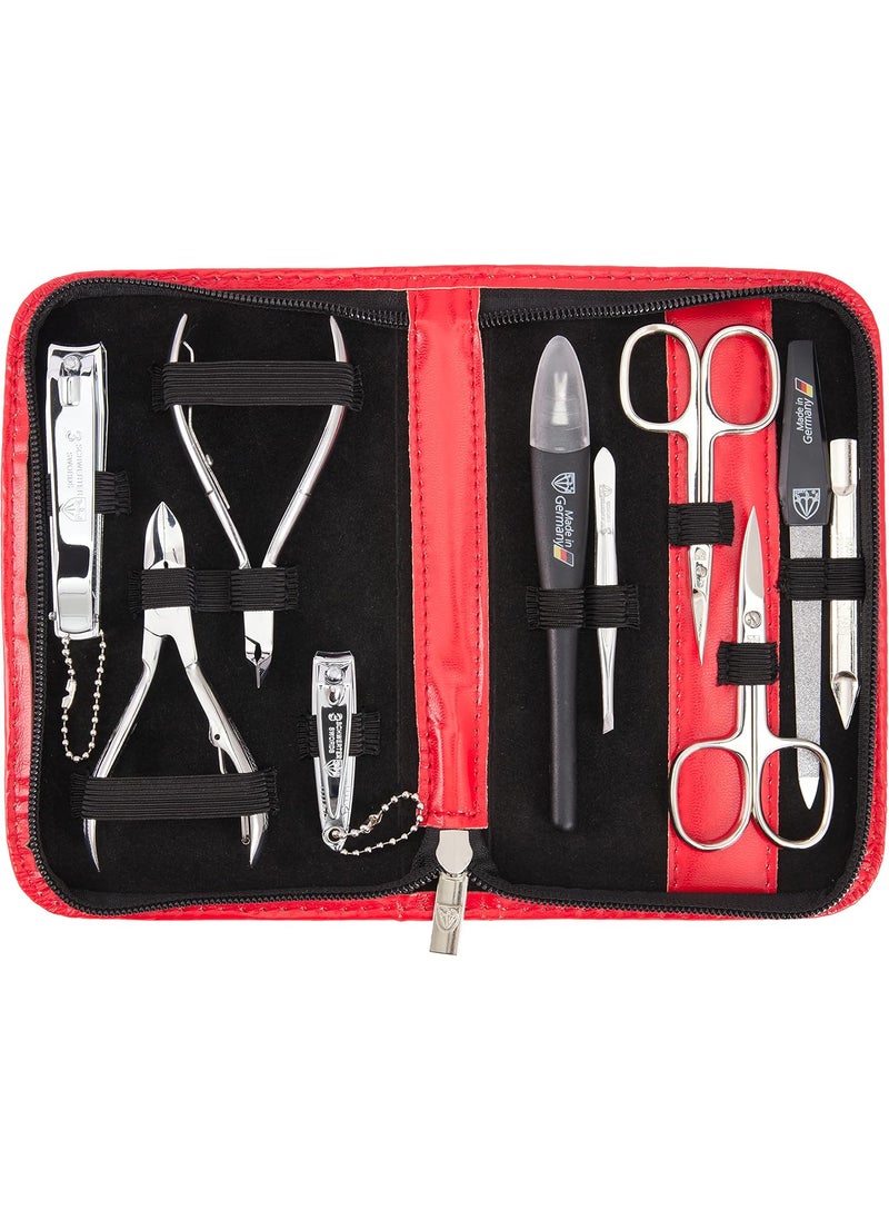 3 Swords Germany - brand quality 10 piece manicure pedicure grooming kit set for professional finger & toe nail care scissors clipper fashion leather case in gift box, Made by 3 Swords (03614) Red