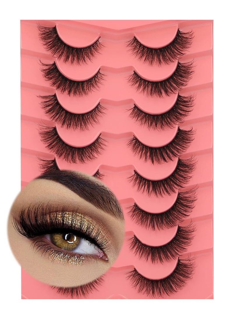 False Eyelashes Natural Mink Lashes 15mm Wispy Curl Eyelashes 5D Fluffy Volume Cat Eye Fake Lashes Pack 8 Pairs by Yawamica