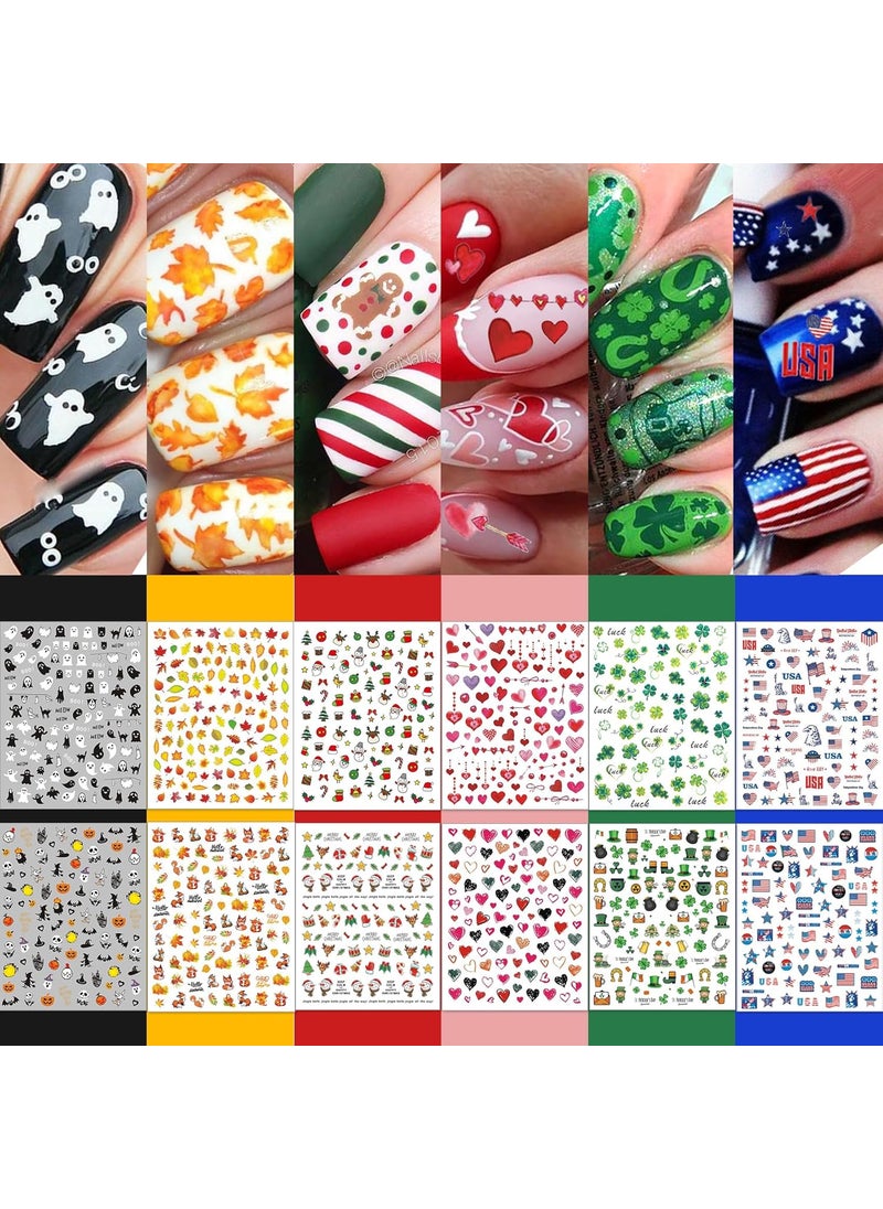 TailaiMei 30 Sheet All Holidays Nail Art Stickers, Christmas Mixed Seasons Variety Pack for Valentine's Day Halloween Fall Nail Decals, Self-Adhesive Year-Round Thanksgiving Nail Decorations