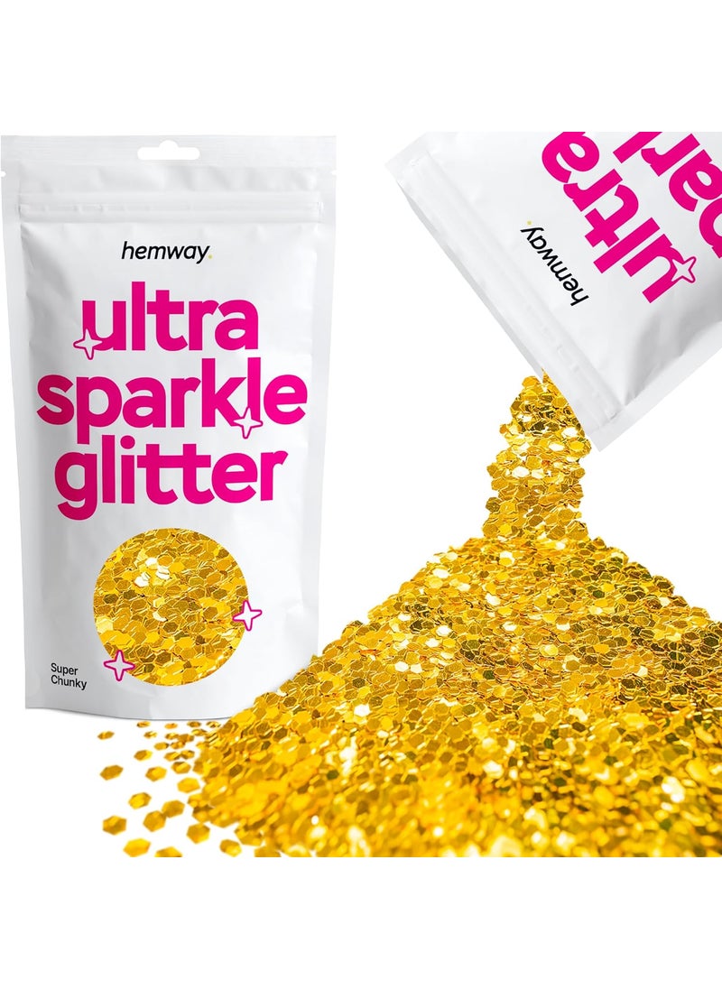 Hemway Premium Ultra Sparkle Glitter Multi Purpose Metallic Flake for Arts Crafts Nails Cosmetics Resin Festival Face Hair - Gold - Super Chunky (1/8
