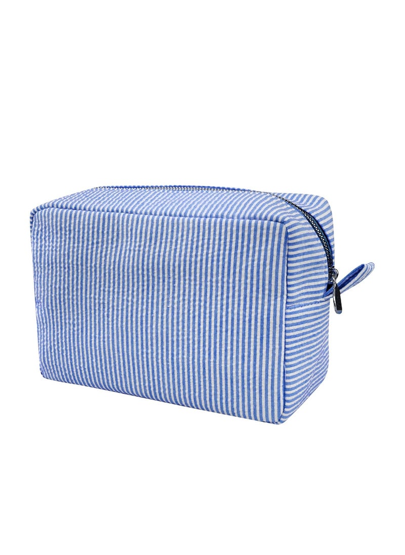 GFU Makeup Bag for Women, Cute Cosmetic Bag, Lightweight Toiletry Make up Bag, Large Seersucker Aesthetic Organizer Storage Pouch for Girls, Women and Moms Gifts, Blue