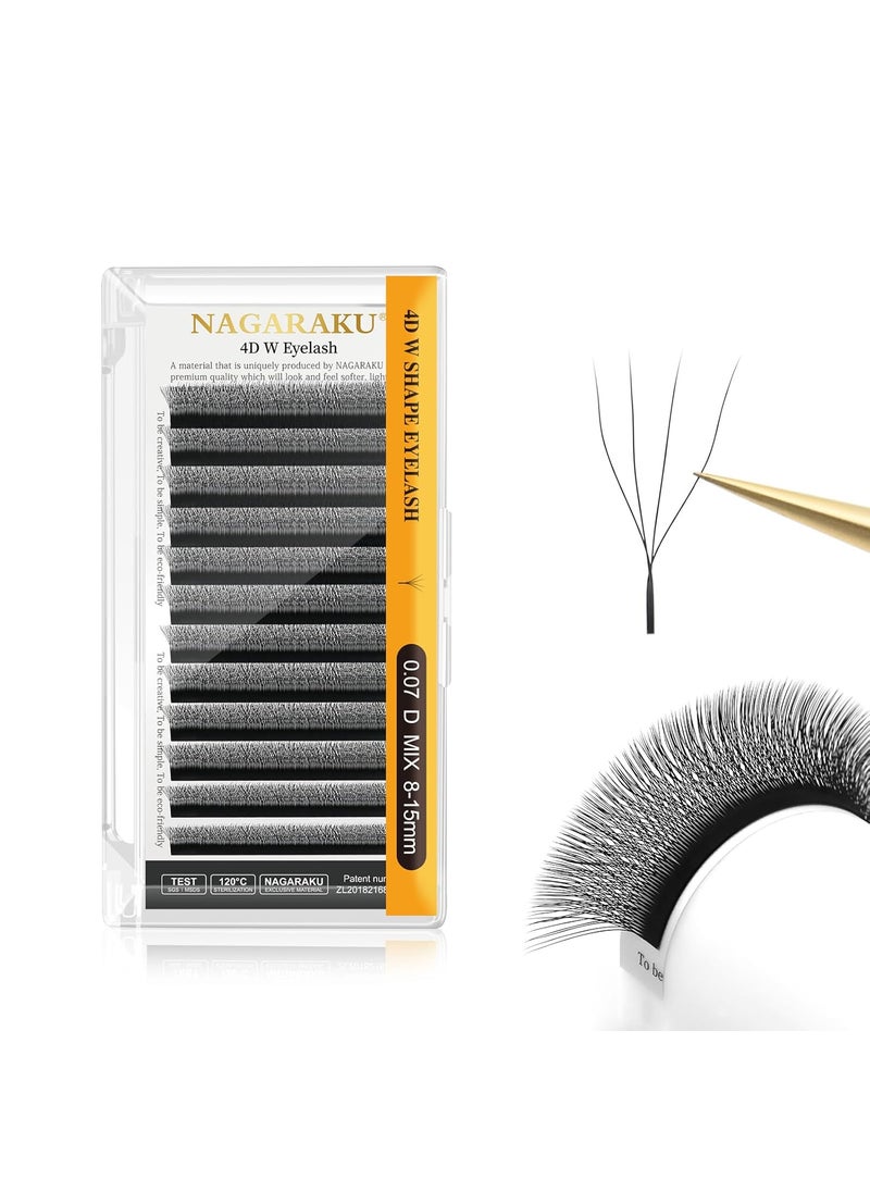 NAGARAKU 4D W Shape Eyelash Extension Supplies Natural Soft Volume 0.07mm D curl 8-15mm Mix Premade Fans Faux Mink Matte Black Cluster Easy Fanning False Lashes
