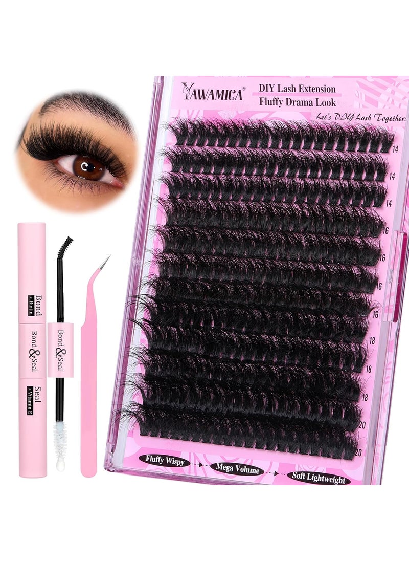 Yawamica Fluffy Lash Extension Kit Thick 200D Volume Eyelash Extension Kit 14-20mm Wispy Lash Clusters Kit D Curl Individual Lashes with Bond and Seal and lash Tweezers DIY Cluster Eyelash Extensions