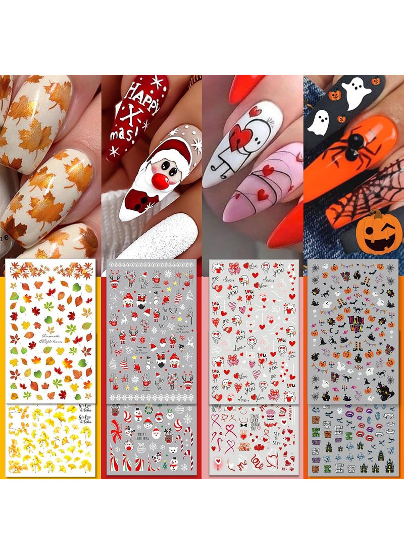 TailaiMei 24 Sheet All Holidays Nail Art Stickers, Mixed Seasons Variety Pack for Halloween Fall Christmas Valentine's Day, Self-Adhesive Design Year-Round Thanksgiving Nail Decals(Fashion)