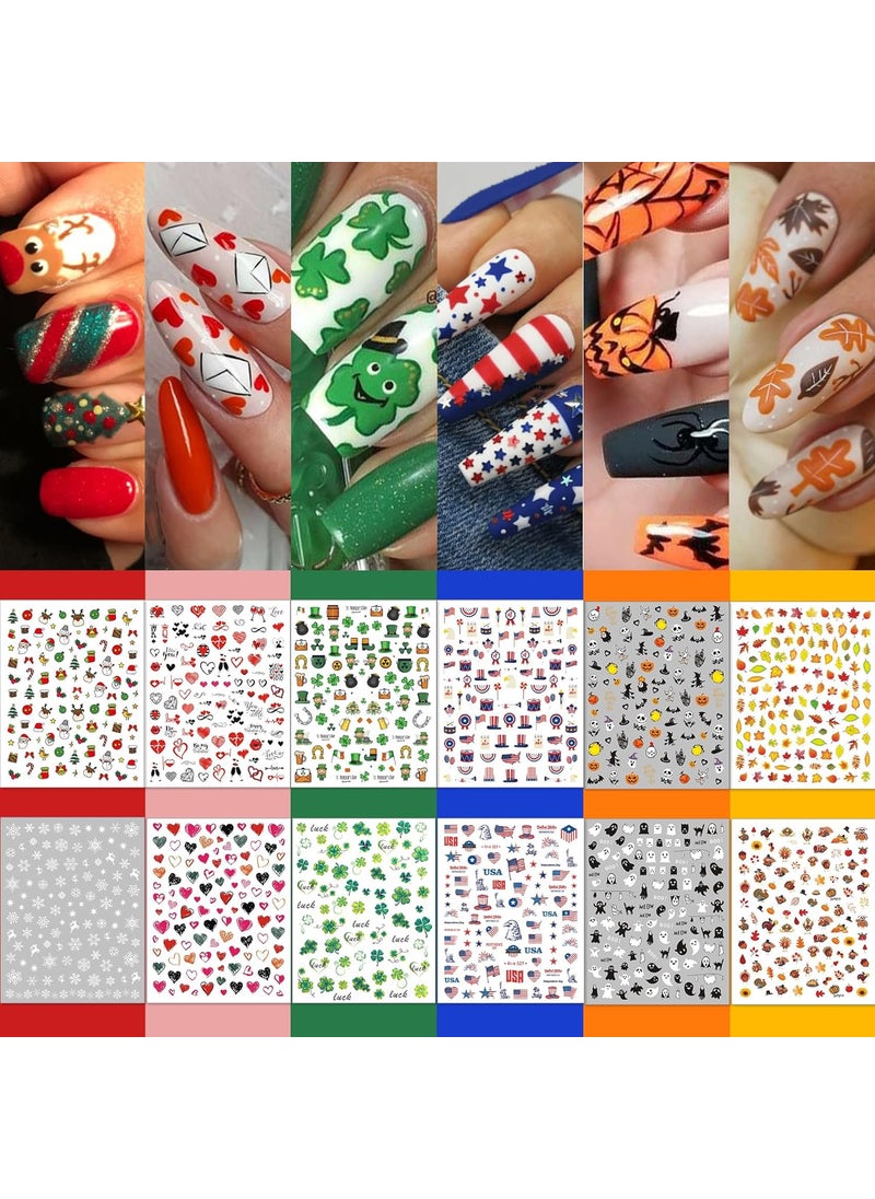 TailaiMei 20 Sheet All Holidays Nail Art Stickers, Mixed Seasons Variety Pack for Halloween Fall Christmas Valentine's Day Nail Decals, Self-Adhesive Design Year Round Assorted Nail Decorations