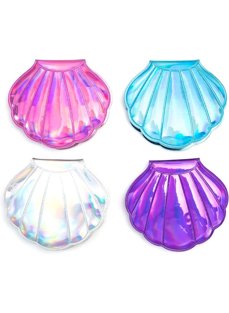 AUEAR, 4 Pack Glitter Shell Mirror Double-Sided Magnification Makeup Mini Portable Foldable Handheld Compact for Purse Handbag Pocket Women Colors
