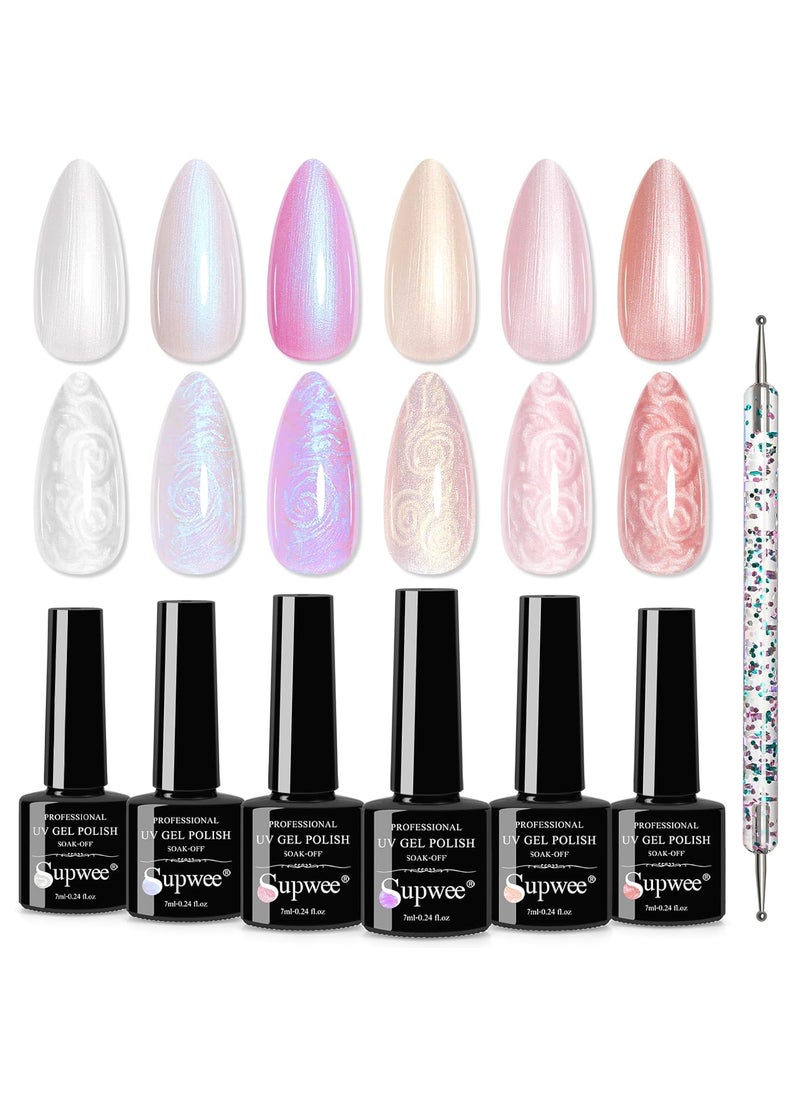 Pearl Gel Polish 6 Colors Shimmer Glitter Nail Polish with Dotting Pen, Pearl White Pink Mermaid Nail Swirl Shell Thread Effect Soak Off UV Gel for Nail Art at Home Manicure Gift for Women