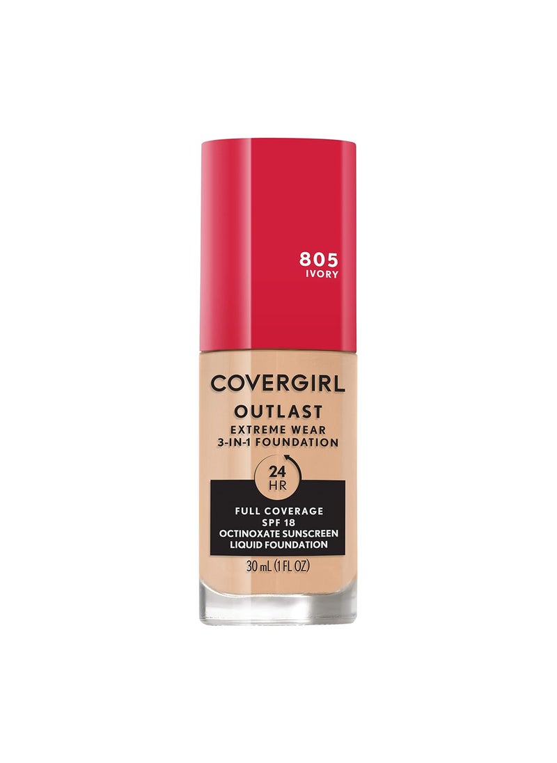 Covergirl Outlast Extreme Wear 3-in-1 Full Coverage Liquid Foundation, SPF 18 Sunscreen, Ivory, 1 Fl. Oz.