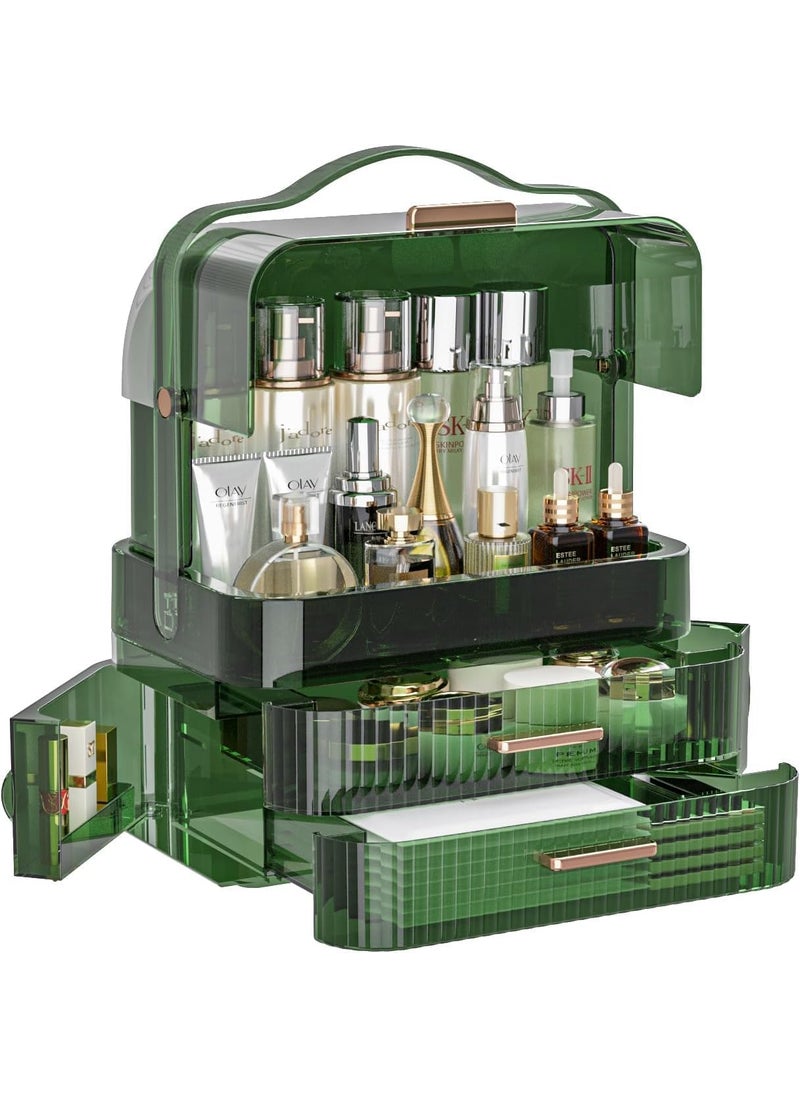 Makeup Organizer, Waterproof & Dustproof Cosmetic Display Cases with 2-Layer and Transparent Cover, Skincare Display Boxes,Makeup Caddy Holder for Vanity Countertop, Bathroom, Dresser, Bedroom, Green