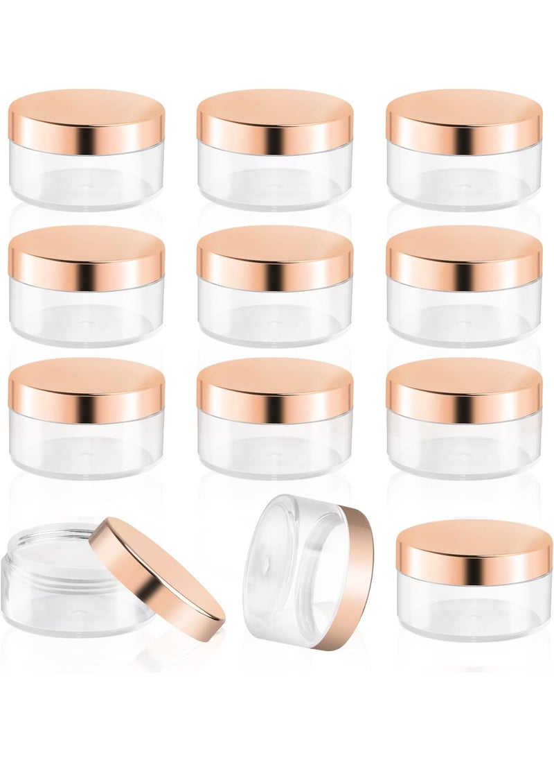12 Pack 30g/1oz Plastic Cream Jars Clear Sample Containers Wide Mouth Leak Proof Travel Cosmetic Bottles with Rose Gold Lids for Creams Lotion Make Up Powder Glitter Jewelry
