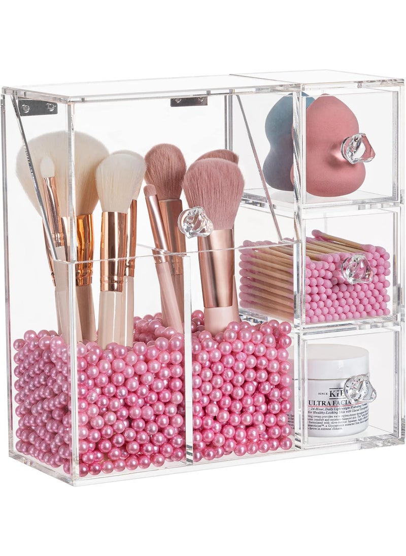 HBlife Makeup Brush Holder, Acrylic Makeup Organizer with 2 Brush Holders and 3 Drawers Dustproof Box, Free Pink Pearl Included