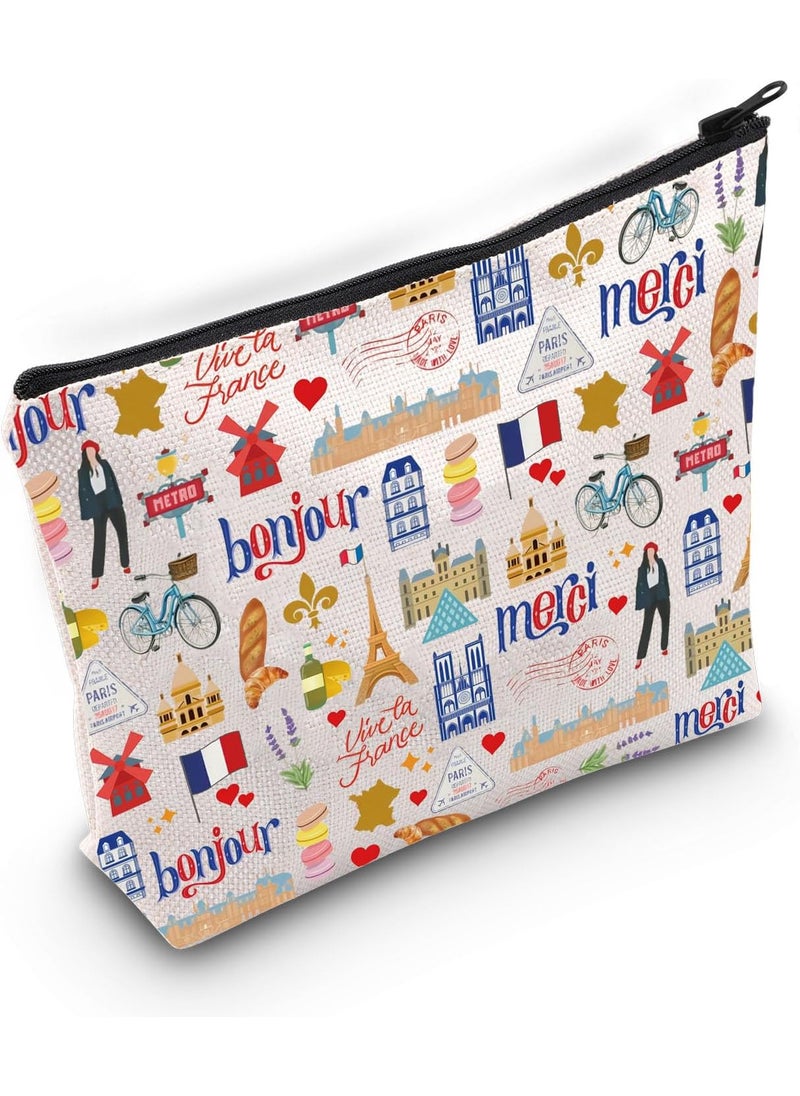 BLUPARK Paris Makeup Bag France Collage Bags Cute Paris Sightseeing Souvenir Gifts Paris Landmarks Zipper Bag French Themed Bag (CB, Bonjour Merci)