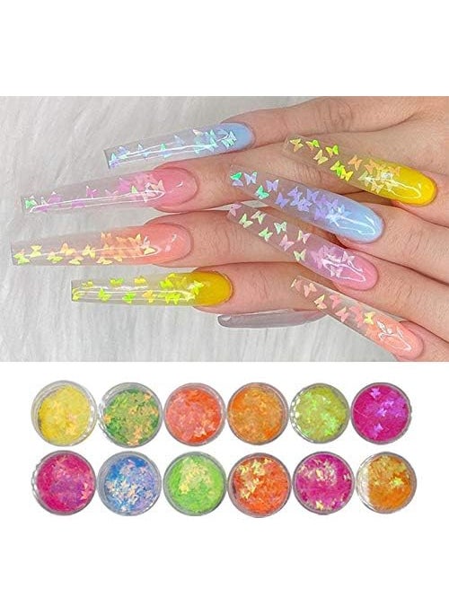 DIY 12pcs Mixed Color Butterfly Shape Nail Sequins Holographi Glitter Flakes Manicure Art Decoration Accessories Tools YCF-B-12C