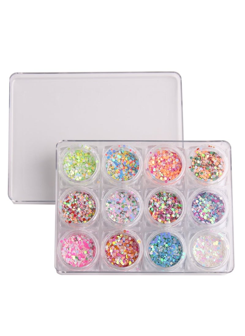 WOKOTO 12 Box 1mm 2mm 3mm Mixed Color and Size Round Confetti Nails Shiny Nail Glitters Round Ultrathin Sequins Nail Art Decoration Set Nail Flakes