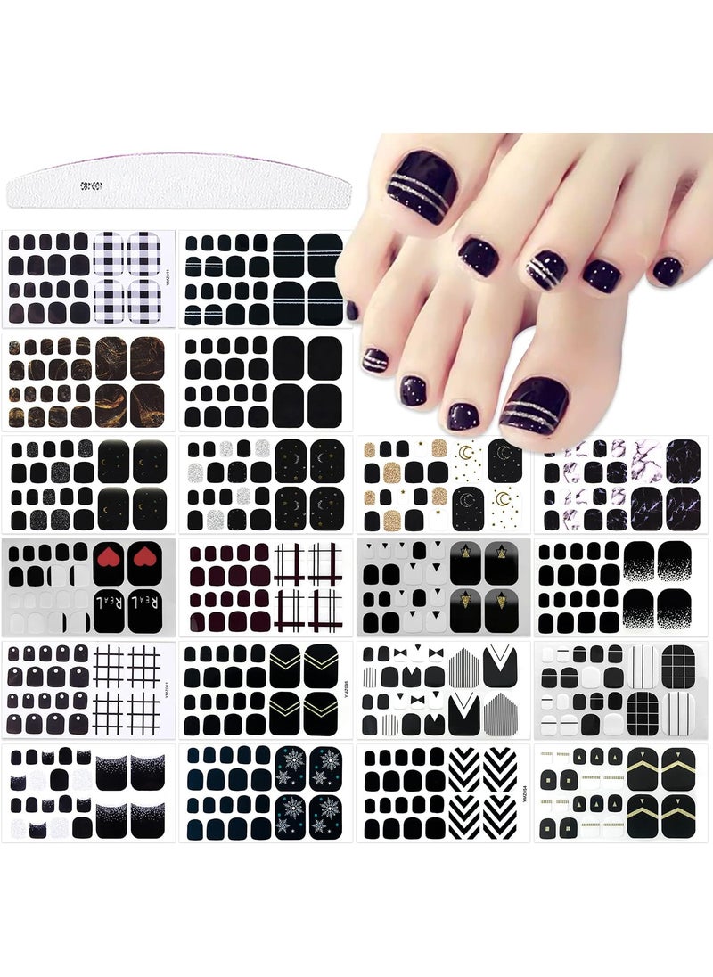 JERCLITY 440 Pieces 20 Sheets Black Color Toe Nail Polish Strips Toenail Full Wraps Self-Adhesive Full Nail Stickers Nail Art Decals Strips with Nail File for Women Girls Kids Nail Art