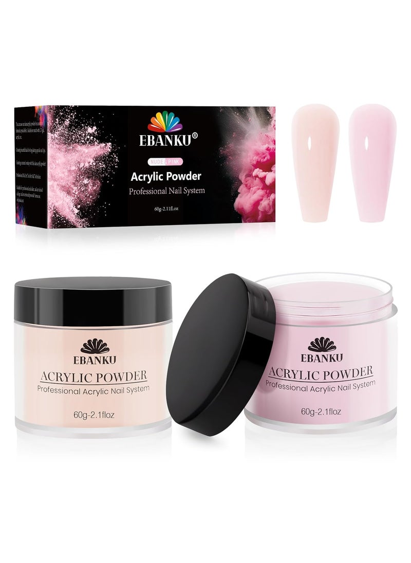 EBANKU Nude Pink Acrylic Powder, 2 * 60g/2.1oz Acrylic Powder Large Capacity Professional Acrylic Nail Powder for Nail Acrylic Extension, Nail Carving, Long-Lasting, No Nail Lamp Needed