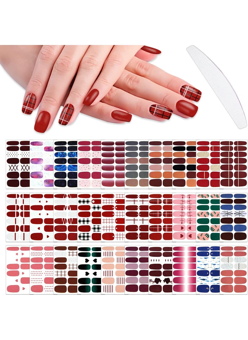 WOKOTO 30 Sheets Mix Desings Nail Wraps Full Cover Nail Stickers For Women Solid Glitter Gradient Gel Nail Art Polish Stickers Gel Nail Strips Stickers For Nails Stick On Nail Polish Strips Nails
