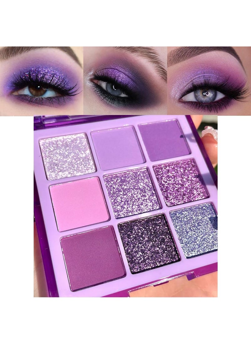 Purple Pink Lavender Glitter Shimmer Eye Shadow Makeup Palette ,9 Colors Highly Pigmented Waterproof Violet Mauve Dark Purple Silver Pearl White Glitter Shimmer Sparkling Party Eyeshadow (9-purple)