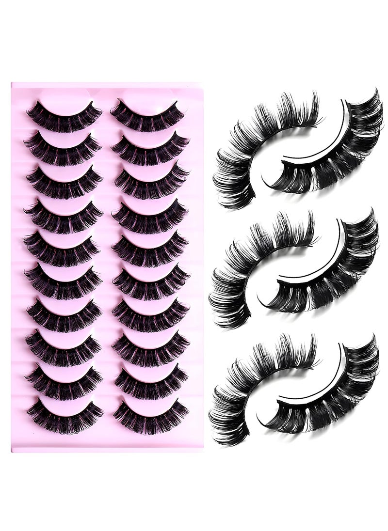 LuckForever 10 Pairs False Eyelashes Russian Strip Eye Lashes Wispy False Lash Fluffy Eyelash Extension Natural Look D Curly Volume Fake Eyelashes Reusable for Women Girls