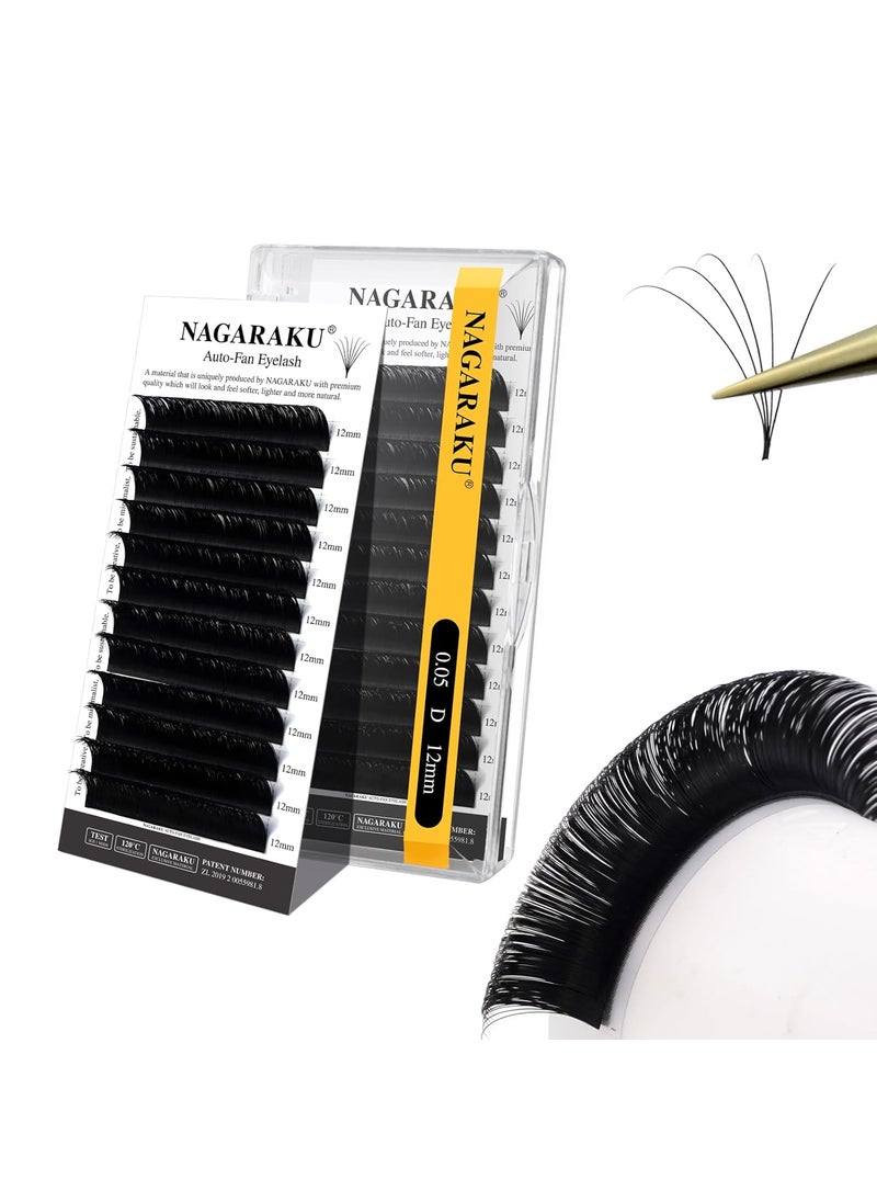 NAGARAKU Easy Fan Eyelash Extensions Volume Lash 0.05 D curl 12mm Rapid Blooming Faux Mink Cluster For Beginners Soft Professional Lash Supplies