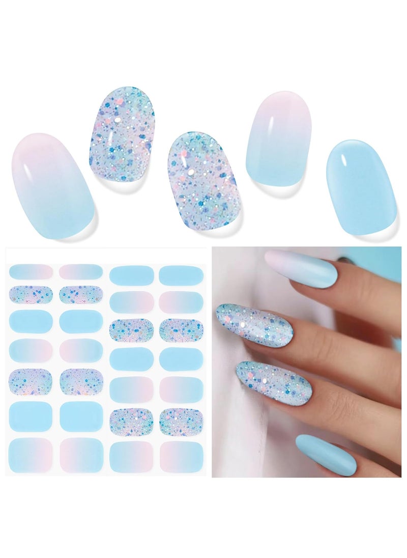 Semi Cured Gel Nail Strips, 28 Pcs UV Gel Nail Stickers, Long Lasting Gel Nail Strips, Salon Quality Gel Nail Wraps for Home, Includes Prep Pads, Nail File & Wood Stick(Summer Blue)