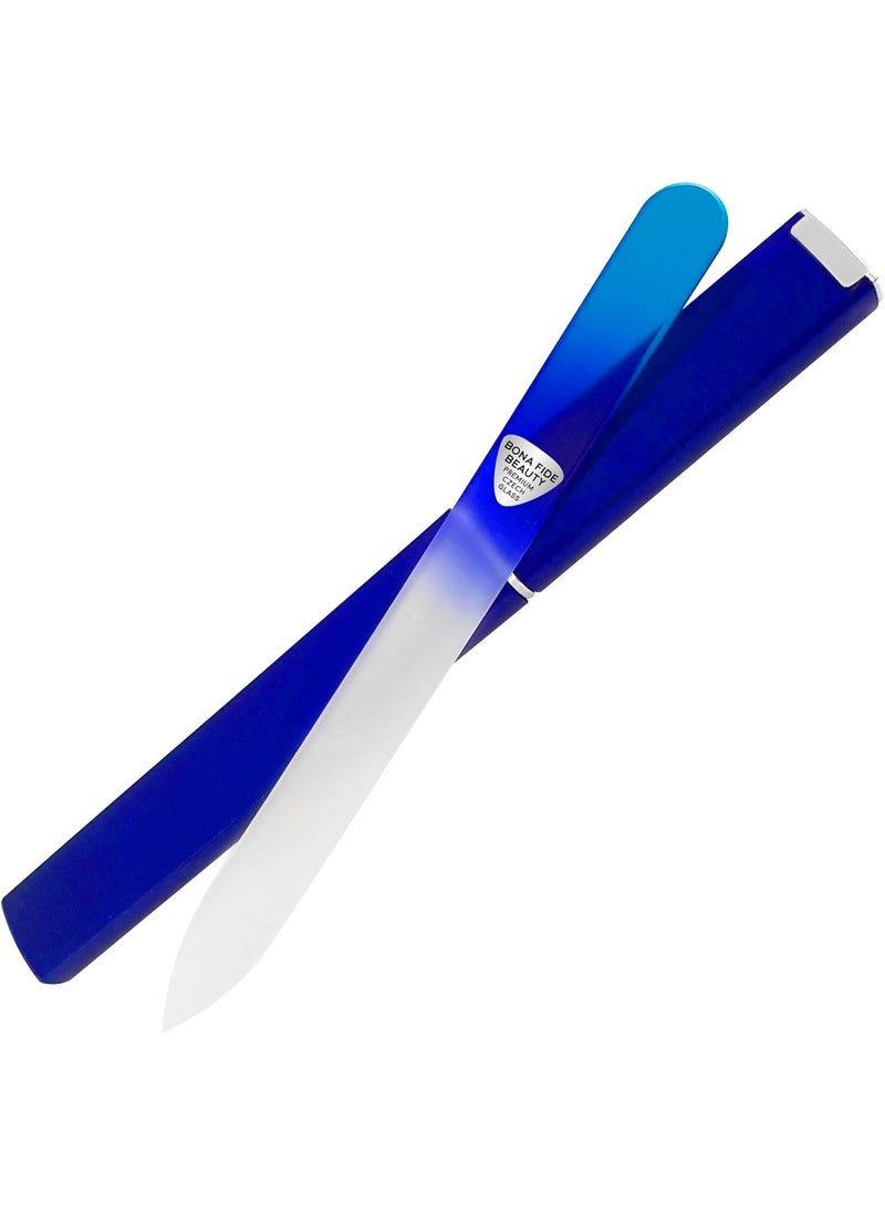 Bona Fide Beauty Glass Nail File with Case, Aqua Cobalt Czech Glass Fingernail Files Handcrafted from The EU. Ideal Nail Care Tool for Natural Nails.