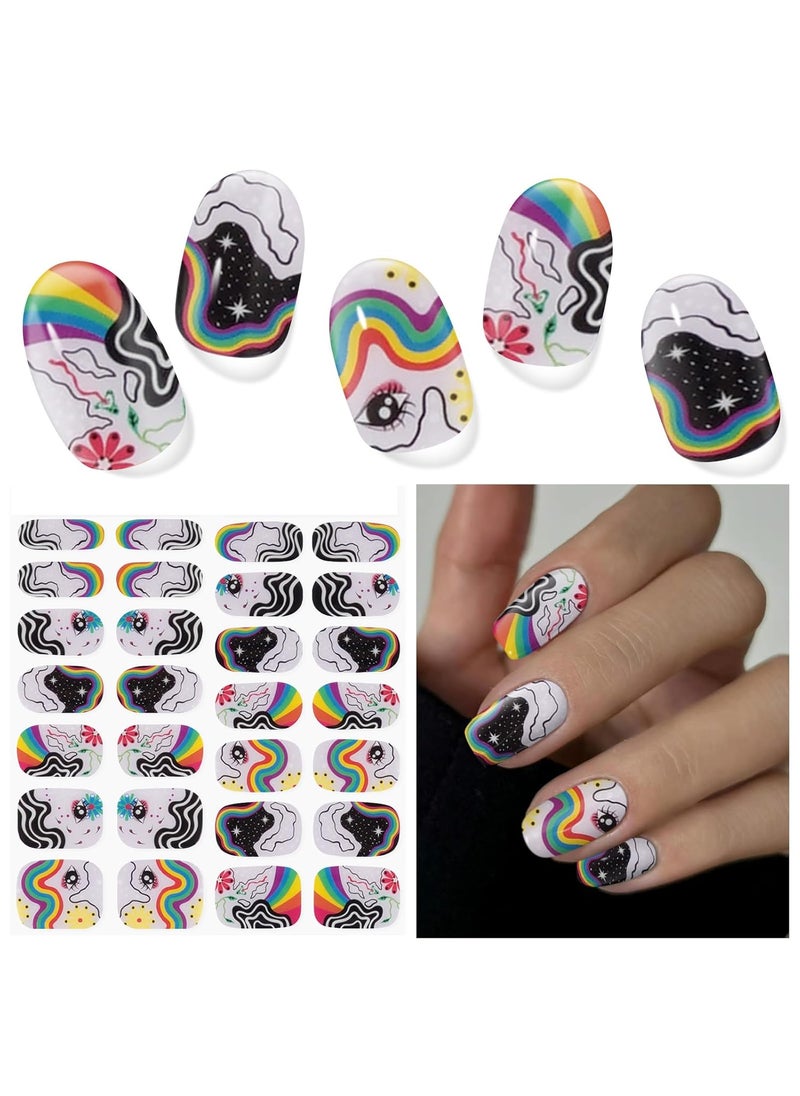 Semi Cured Gel Nail Strips, 28 Pcs UV Gel Nail Stickers, Long Lasting Gel Nail Strips, Salon Quality Gel Nail Wraps for Home, Includes Prep Pads, Nail File & Wood Stick(Rainbow Graffiti)