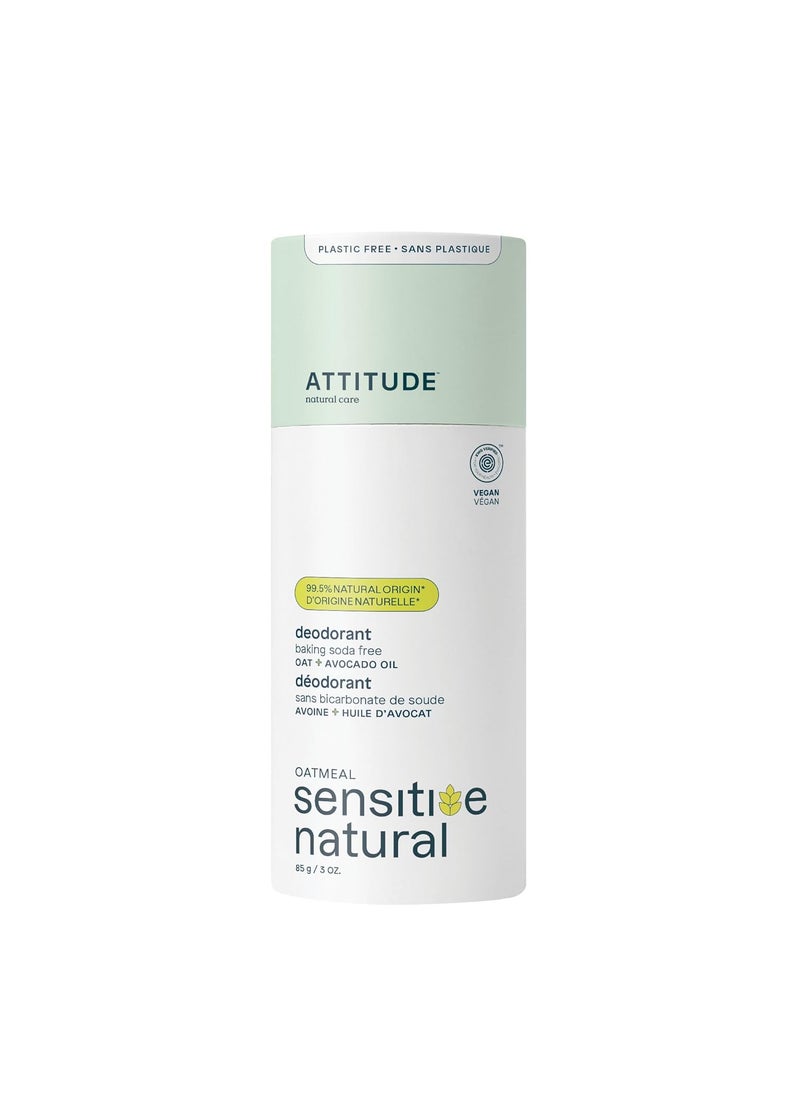 ATTITUDE Baking Soda Free Deodorant for Sensitive Skin with Oatmeal and Avocado Oil, EWG Verified, Aluminum Free, Plastic-Free, 3 Ounces