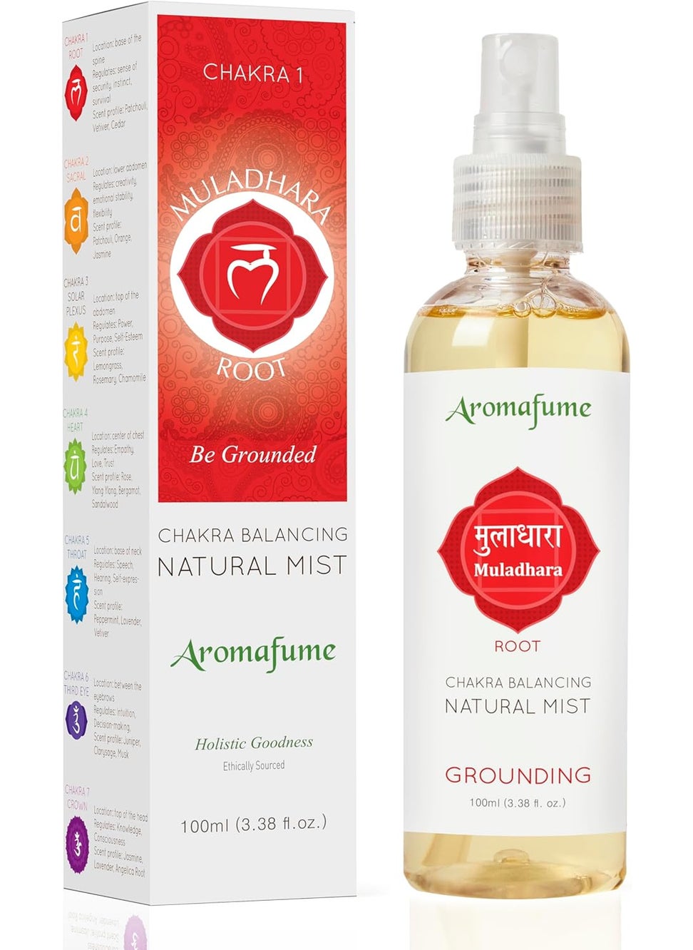 Aromafume Root Chakra Natural Mist 100ml/3.3 fl oz | Muladhara | Aromatherapy Spray for Chakra Balance | Patchouli Extracts | Essential Oil Spray for Meditation, Yoga, Reiki