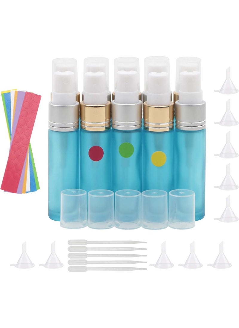 JIUWU 10pcs Light Blue 10ml 1/3oz Atomizer Spray Glass Bottle Vial Refillable Perfume Empty Fine Mist Sample Bottle Silver Gold Cap Container for Travel Party 5 Droppers + 10 Funnels + 154 Labels