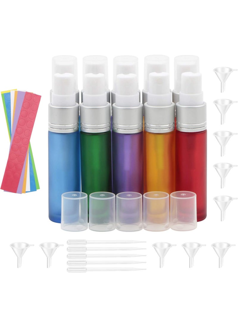 JIUWU 10 Pack 5 Colors Empty 10ml 1/3 Oz Fine Mist Atomizer Glass Bottle Spray Refillable Perfume Bottle with Silver Pump Portable Makeup Bottles 5 Droppers + 10 Funnels + 154 Labels