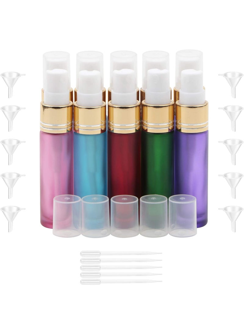 JIUWU 10pcs 5 Colors Glass Fine Mist Spray Bottles 10ml 1/3 Oz Perfume Travel Refillable Fragrance Vials with Atomizer Scent Gold Pump 5 Droppers + 10 Funnels