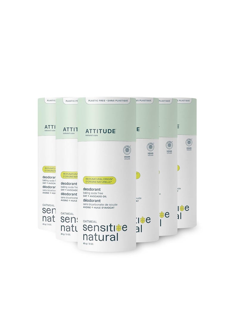 ATTITUDE Baking Soda Free Deodorant for Sensitive Skin with Oatmeal and Avocado Oil, EWG Verified, Aluminum Free, Plastic-Free, 3 Ounces (Pack of 6)