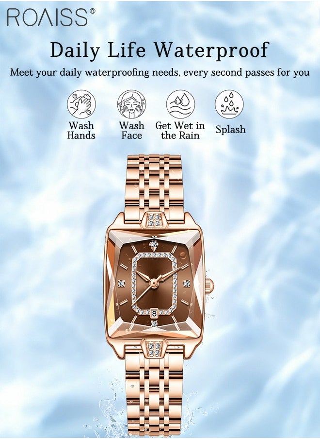 Rose Gold Steel Band Quartz Watch for Women, Analog Display Rectangular Dial with Calendar Display, Luxury Fashion Waterproof Versatile Wristwatch, as Gift for Ladies