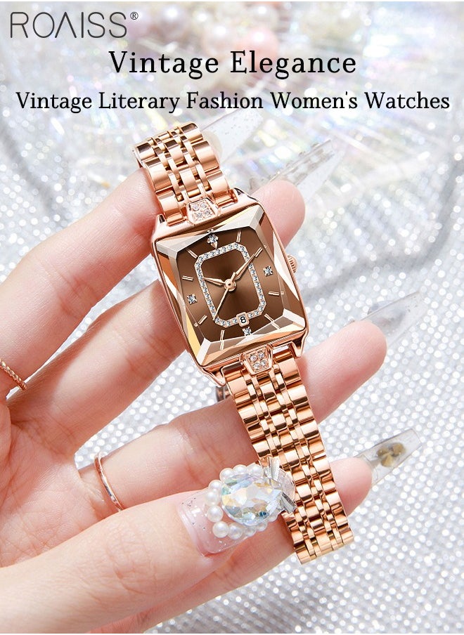 Rose Gold Steel Band Quartz Watch for Women, Analog Display Rectangular Dial with Calendar Display, Luxury Fashion Waterproof Versatile Wristwatch, as Gift for Ladies