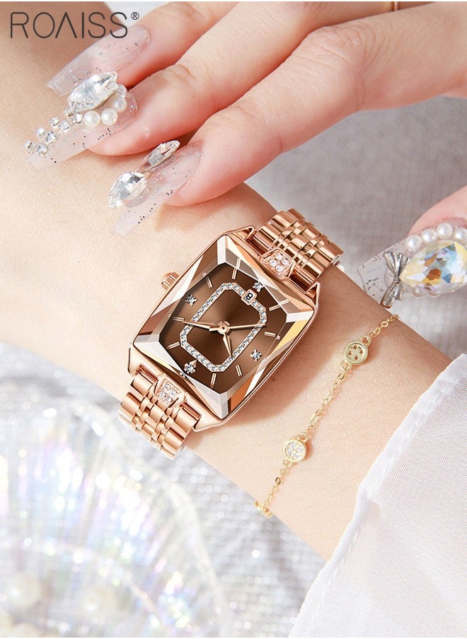 Rose Gold Steel Band Quartz Watch for Women, Analog Display Rectangular Dial with Calendar Display, Luxury Fashion Waterproof Versatile Wristwatch, as Gift for Ladies