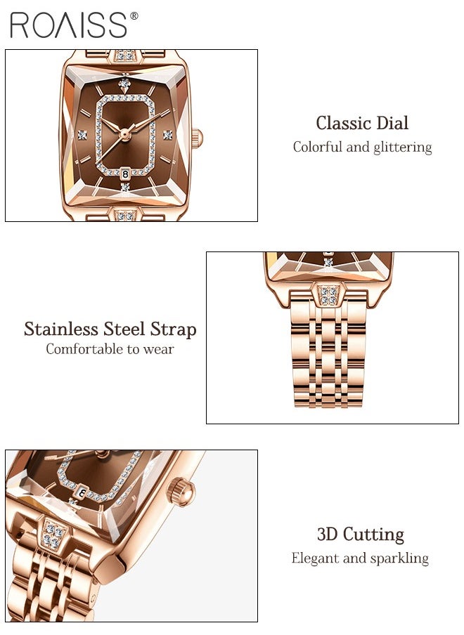 Rose Gold Steel Band Quartz Watch for Women, Analog Display Rectangular Dial with Calendar Display, Luxury Fashion Waterproof Versatile Wristwatch, as Gift for Ladies