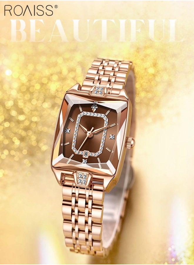 Rose Gold Steel Band Quartz Watch for Women, Analog Display Rectangular Dial with Calendar Display, Luxury Fashion Waterproof Versatile Wristwatch, as Gift for Ladies