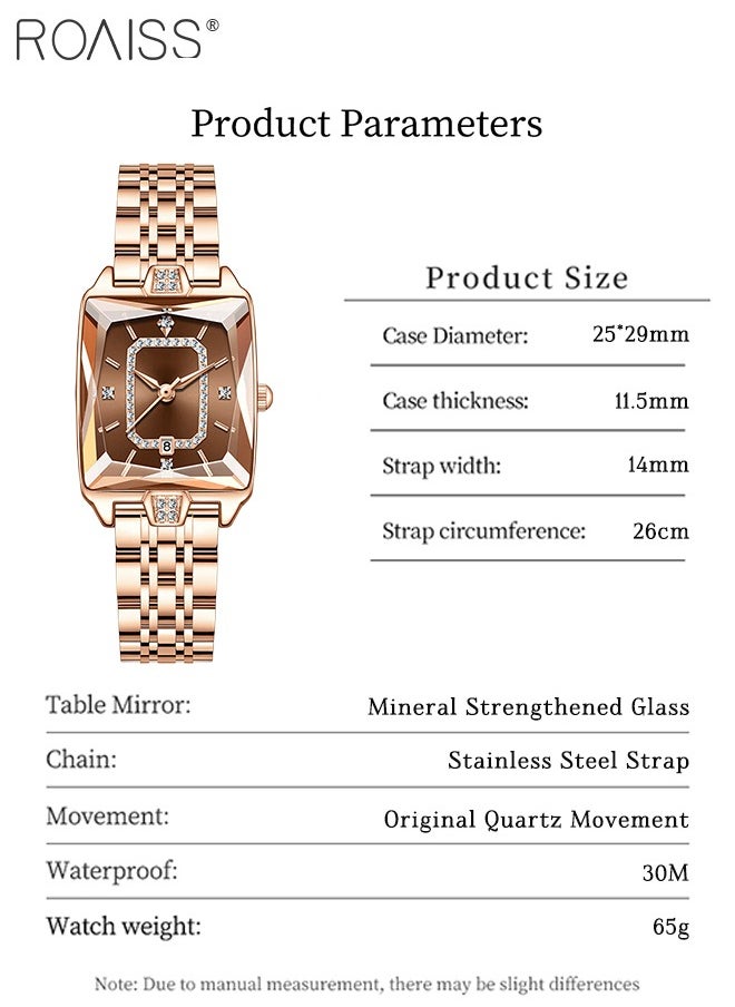 Rose Gold Steel Band Quartz Watch for Women, Analog Display Rectangular Dial with Calendar Display, Luxury Fashion Waterproof Versatile Wristwatch, as Gift for Ladies