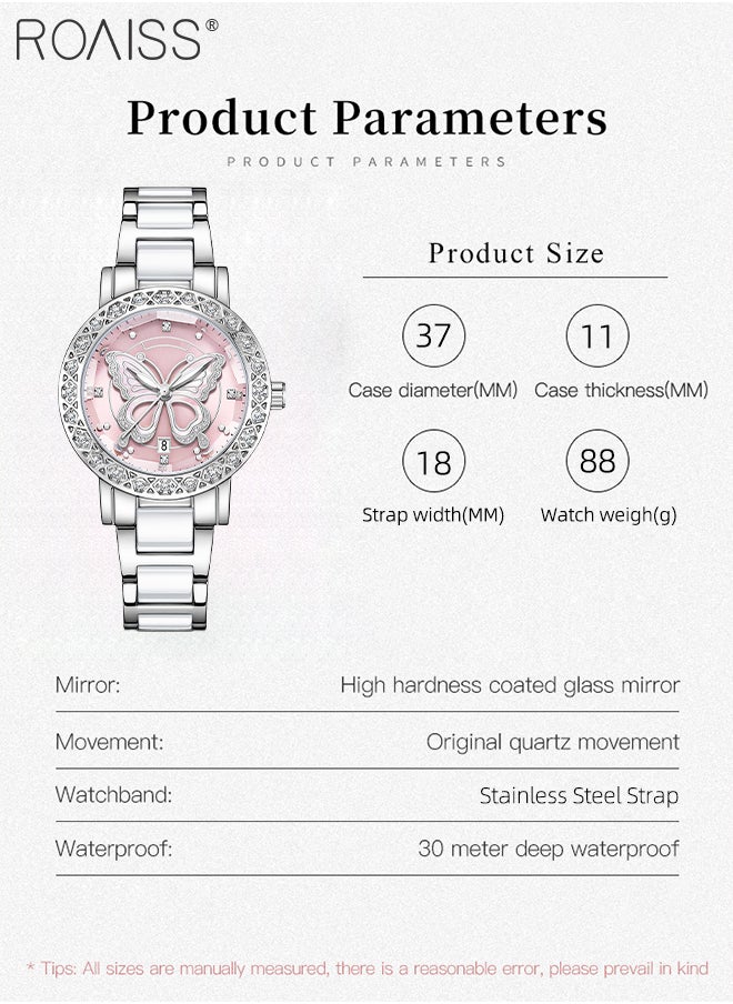 Women's Light Luxury Watch, Analog Display Round Dial with Butterfly Decoration, Waterproof Fashion Wristwatch with Calendar Window as Gift for Ladies