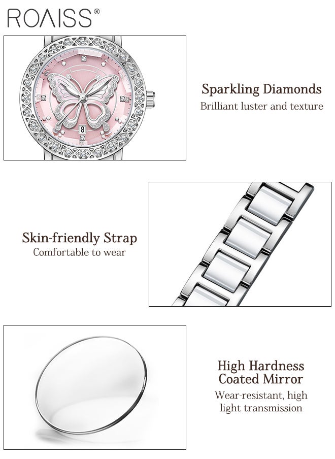 Women's Light Luxury Watch, Analog Display Round Dial with Butterfly Decoration, Waterproof Fashion Wristwatch with Calendar Window as Gift for Ladies