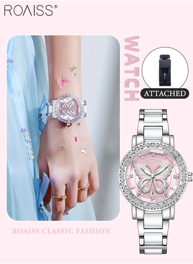 Women's Light Luxury Watch, Analog Display Round Dial with Butterfly Decoration, Waterproof Fashion Wristwatch with Calendar Window as Gift for Ladies