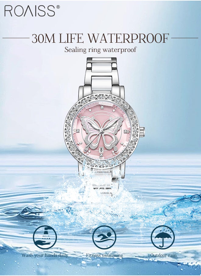 Women's Light Luxury Watch, Analog Display Round Dial with Butterfly Decoration, Waterproof Fashion Wristwatch with Calendar Window as Gift for Ladies