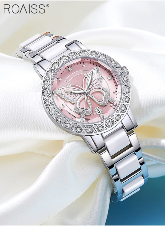 Women's Light Luxury Watch, Analog Display Round Dial with Butterfly Decoration, Waterproof Fashion Wristwatch with Calendar Window as Gift for Ladies