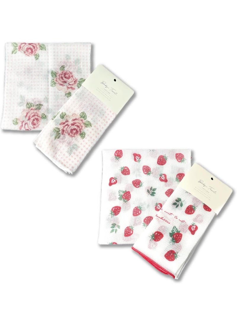 Exfoliating Washcloth [Made in Japan] Shower Back Scrubber showcasing Charming Design Patterns, Exfoliating Towel [Loofah for Women and Men] (Set of 2 (Dot Rose, Strawberry))