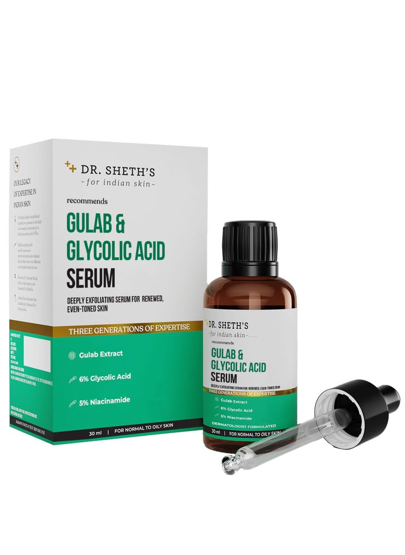 Dr. Sheth's Gulab & 6% Glycolic Acid & 5% Niacinamide Face Serum | Improves Skin Texture & Uneven Skin | Normal to Oily Skin | Sensitive Skin | 30ml