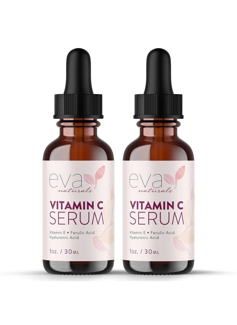 Eva Naturals 20% Vitamin C Serum For Face, Pure Vitamin C Face Serum for Wrinkles, Acne, Dry Skin, and Dark Spots - Facial Vitamin C Serum (1oz) (2 Pack)