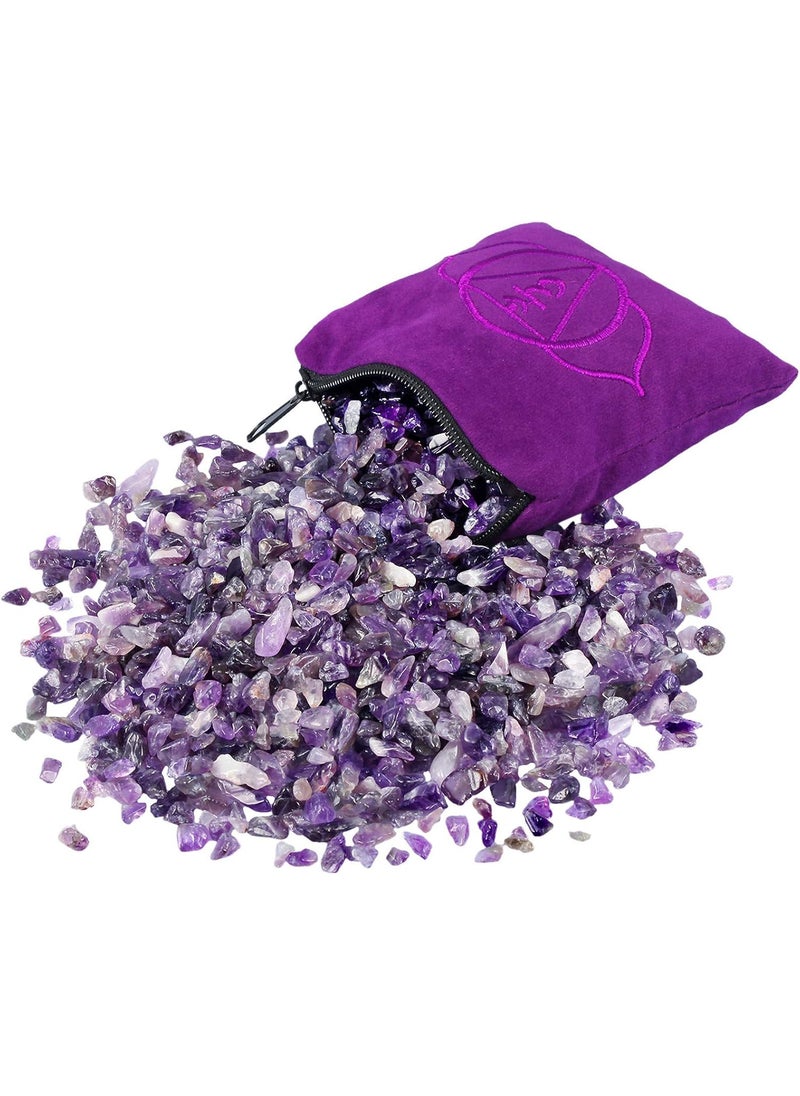 SUNYIK Natural Amethyst Tumbled Chip Stone, Third Eye Chakra Crystal Pillow for Healing Reiki, Sphere Sculpture Figurine Point Display Stand